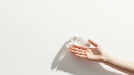 Woman's hand holds clear bottles of hand sanitizer against a bright white background.