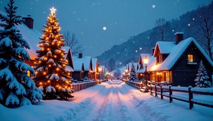 Fototapeta premium Snowy village scene with festive lights and Christmas trees, village, winter, xmas