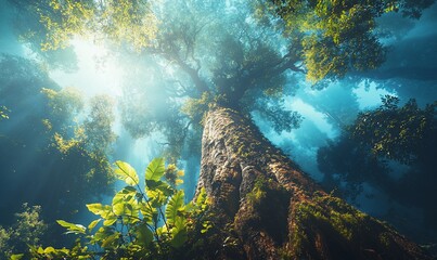 Obraz premium Sunlit rainforest canopy, giant tree, lush foliage