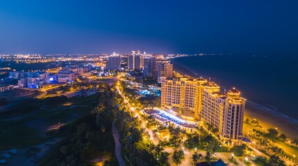 Naklejka premium Glittering Casino Resort Oasis: Aerial Night View of Luxury Architecture, Landscape, and Nightlife Vibes