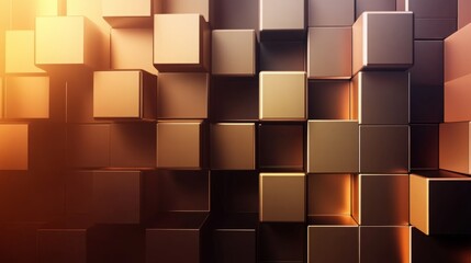 Abstract background of bronze cubes.  Warm light illuminates the metallic surface.