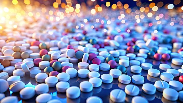 A bird's-eye view reveals countless lorazepam pills, symbolizing pharmaceutical industry distribution and prescription drug use.