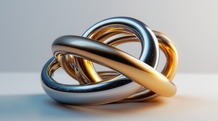 Fototapeta premium Abstract metallic sculpture with intertwined gold and silver rings.