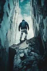 Hooded figure stands atop rubble, between decaying buildings.