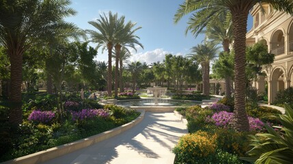 Fototapeta premium Tranquil Oasis: Casino Garden with Lush Landscaping, Calming Water Features, and Relaxing Guests.