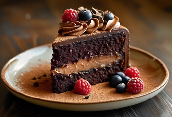 Piece of chocolate cake decorated with blueberry and raspberry