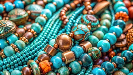 Vibrant turquoise and copper beaded jewelry collection close-up, turquoise, copper, beads, jewelry, collection, vibrant