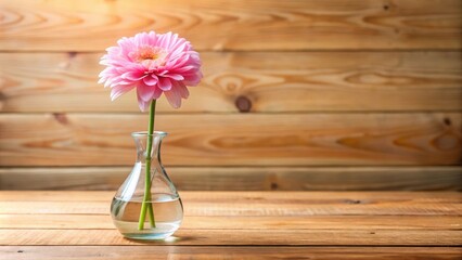 Beautiful pink flower in a clear glass vase on a wooden table , floral arrangement, home decor, interior design