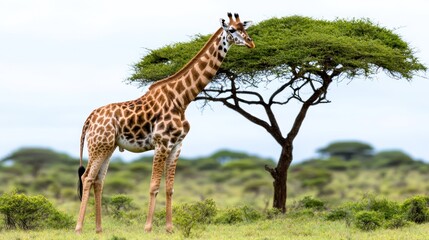 Obraz premium A giraffe stands beside a tree in a lush, green landscape.