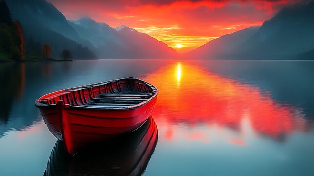 Red rowboat on calm lake at sunset, reflecting fiery sky and mountains.