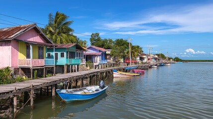 Fototapeta premium Charming Fishing Village with Colorful Waterfront Houses and Docked Boats in Idyllic Setting