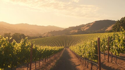 Fototapeta premium Golden Hour Glow in Stunning Vineyard Landscape with Endless Rows of Grapevines under Warm Backlight