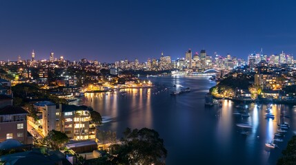 Fototapeta premium Vibrant Night Cityscape with River Reflections - Urban Illumination in Metropolis