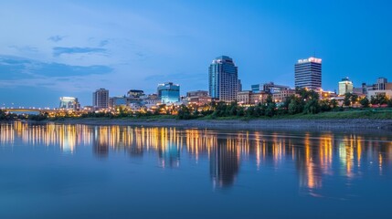 Obraz premium Vibrant Night Cityscape with River Reflections - Urban Skyline Lights Illuminating Waterfront Scene