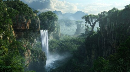Fototapeta premium Majestic Waterfall Cascading into Lush Canyon in Tropical Jungle - Ultra-Detailed Nature Landscape Photography