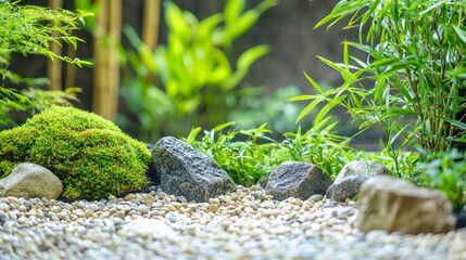 Obraz premium Tranquil Zen Garden Harmony - Peaceful Asian Landscape with Raked Gravel, Mossy Rocks, and Bamboo Plants for Meditation and Relaxation