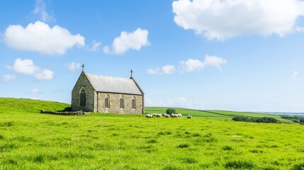 Obraz premium Serene Countryside Landscape: Stone Church, Grazing Sheep, and Rolling Green Hills Under Clear Sky - Peaceful Rural Scene Photo