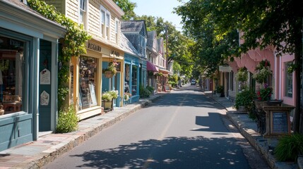 Fototapeta premium Tranquil Coastal Charm: Artisan Shops and Cafes Adorning a Quaint Seaside Street