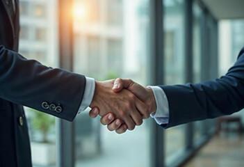 photo of two business man hand shaking office background realistic image