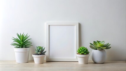 Minimalist home decor featuring succulents in a white space with an empty frame , minimalist, home decor, succulents