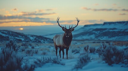 Majestic elk stands in snowy landscape at sunset.