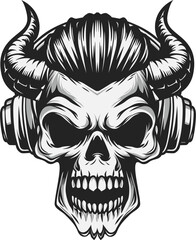 Demon skull with retro hair & earphone