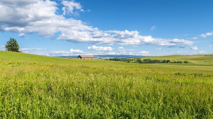 Golden Glow: Sunflower Field in Summer Splendor with Distant Farmhouse View