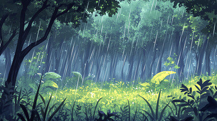 Obraz premium calming forest view with gentle rain cascading through lush greenery