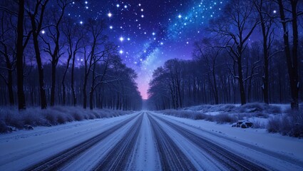 Obraz premium A picturesque winter road surrounded by snow-covered trees under a starry night sky, creating a serene and magical atmosphere.