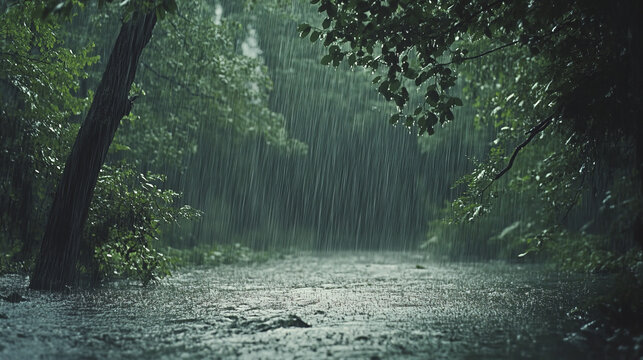 dense forest alive with torrential rain, creating serene atmosphere