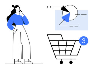 Thoughtful woman stands near shopping cart with notification, analyzing charts and graphics. Ideal for online shopping, retail analytics, e-commerce strategies, consumer behavior, market analysis