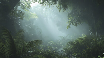 Fototapeta premium dramatic wide angle view of foggy jungle filled with lush greenery