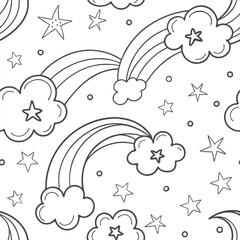 Whimsical clouds and stars scattered in a seamless, dreamy pattern