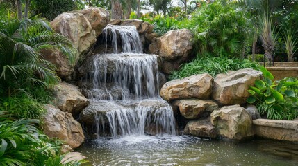 Naklejka premium Serene Waterfall Oasis: Lush Tropical Plants and Moss-Covered Rocks in a Tranquil Setting