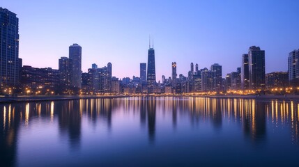 Fototapeta premium Urban Tranquility: City Skyline Reflecting in Serene River at Twilight