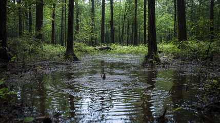 Obraz premium lush forest with serene pond reflecting greenery around
