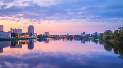 Tranquil Twilight: Vibrant Cityscape Mirrored in Serene River at Dusk