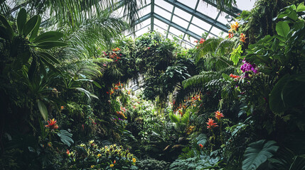 Lush tropical rainforest canopy filled with vibrant flowers and greenery