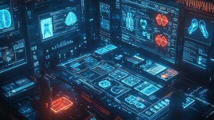 Futuristic medical control room with digital interfaces showing scans and data.