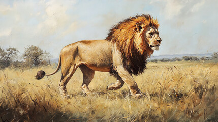majestic lion walking through golden grasslands, embodying strength and grace