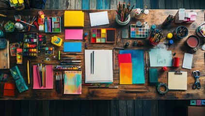 Fototapeta premium Colorful Artist's Workspace with Supplies