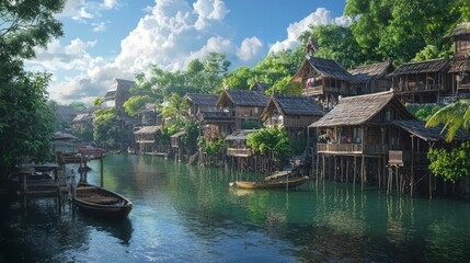 Fototapeta premium Serene Riverside Village with Wooden Stilt Houses and Fishing Boats on Calm Waters.