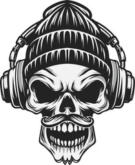 Masculine style skull wearing chill beany hat & headphone