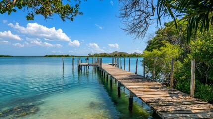 Tranquil Wooden Fishing Pier Over Calm Turquoise Waters - Serene Waterfront Landscape Photography