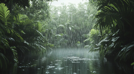 Fototapeta premium serene view of dense rainforest during light rain, showcasing lush greenery and tranquility
