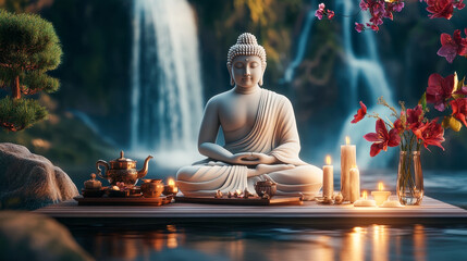 Serene Buddha Statue by a Waterfall with Zen Decor and Candles
