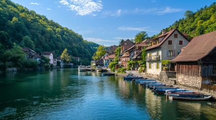 Fototapeta premium Serene Riverside Village: Tranquil Scene of Traditional Wooden Houses and Fishing Boats Docked Peacefully
