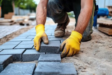 Crafting a pathway with precision as bricks align under skilled hands in a sunny outdoor setting