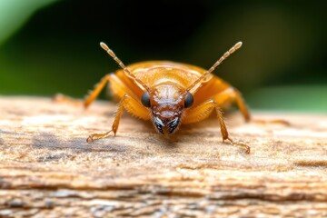 Fototapeta premium Intricate details of a vibrant beetle perched on a wooden surface in a lush, green habitat during daylight hours