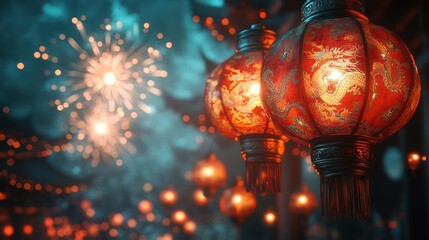 Festive red lanterns with dragon designs illuminate a night scene with fireworks.